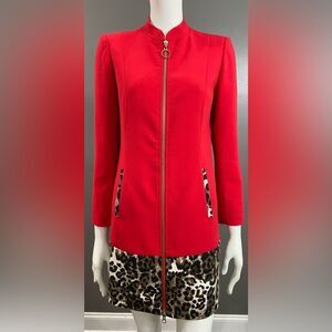 Kelly & Diane Red Zip-Front Coat/Blazer with Leopard Trim Size 4